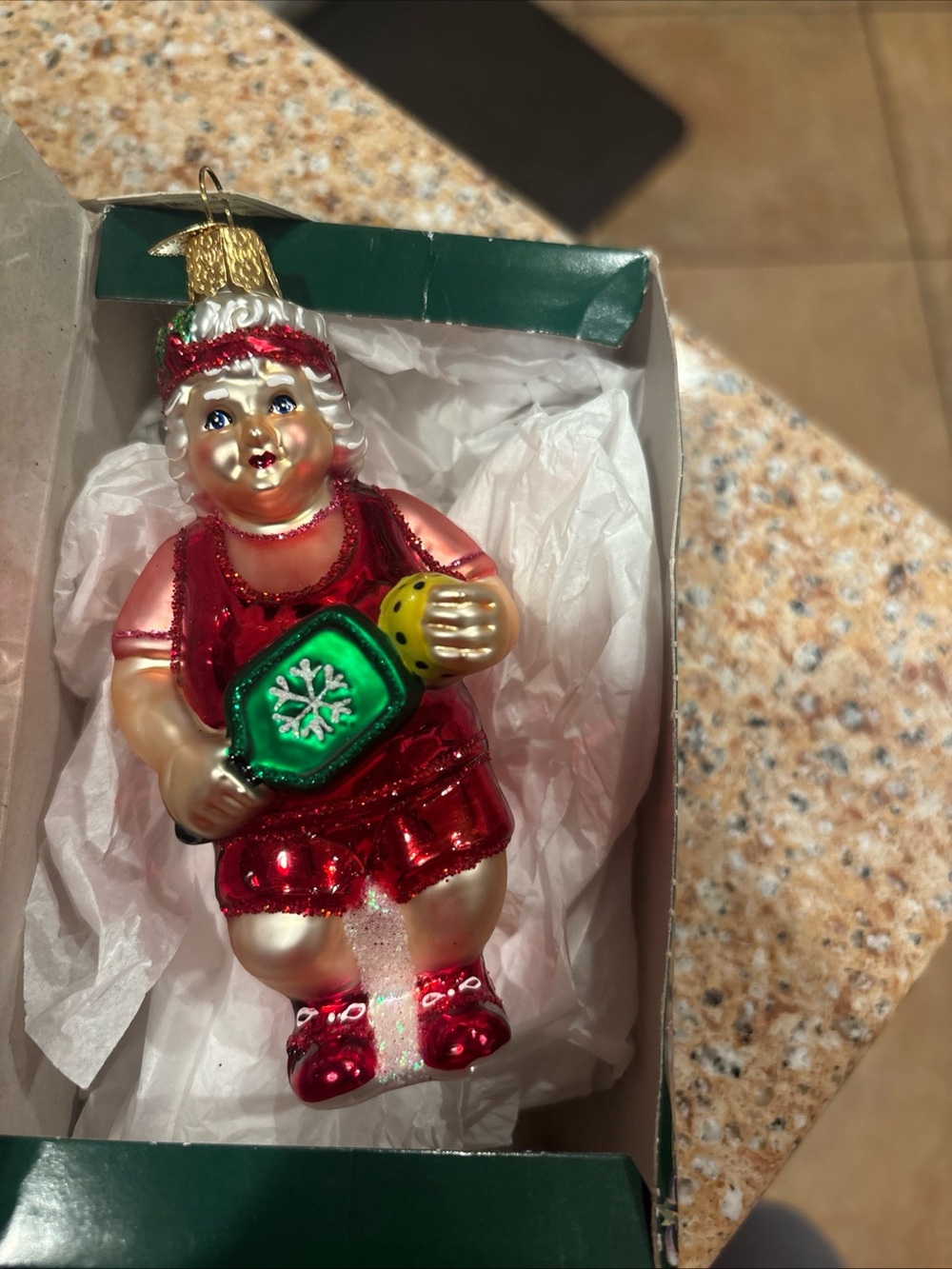 Old World Mrs. Claus Pickleball Christmas blown glass ornament Handmade NEW NIB